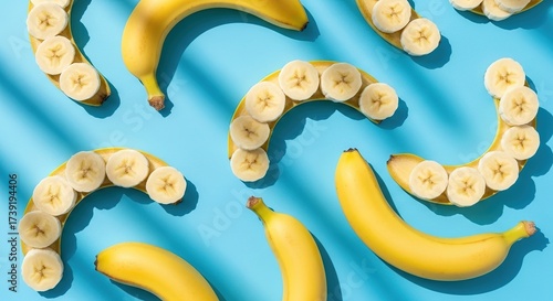 Bright Yellow Bananas Sliced and Whole on a Blue Background.