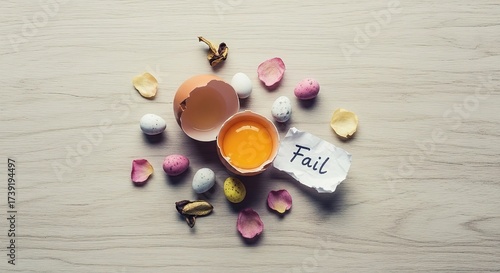 Broken Egg with Fail Note and Colorful Shells.