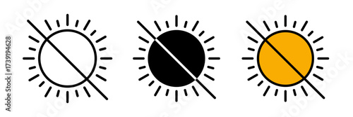 No sun icon Simple no sun exposure warning sign flat design vector pictogram, stroke, filled and colored concept for web design.