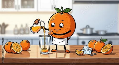Cartoon Orange Character Pouring Fresh Juice.