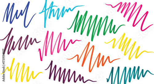 Colorful marker scribbles create a vibrant, playful pattern, showcasing blue, green, pink, yellow, and orange hues on a clean surface.