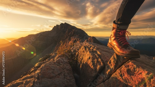 A hikers boot stands on a rocky mountain peak at sunset, symbolizing adventure, challenge, and the pursuit of goals in the great outdoors
