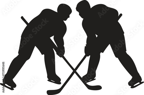 Ice Hockey Players Face-Off Silhouette, Vector Symbol of Competition and Rivalry