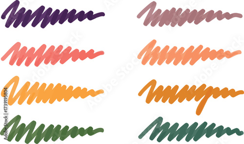 Colorful marker swatches showcase a vibrant palette of purple, coral, orange, and green hues for artistic and creative projects.