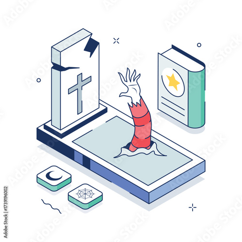 Zombie hand crawling out of grave with tombstone cross, halloween illustration