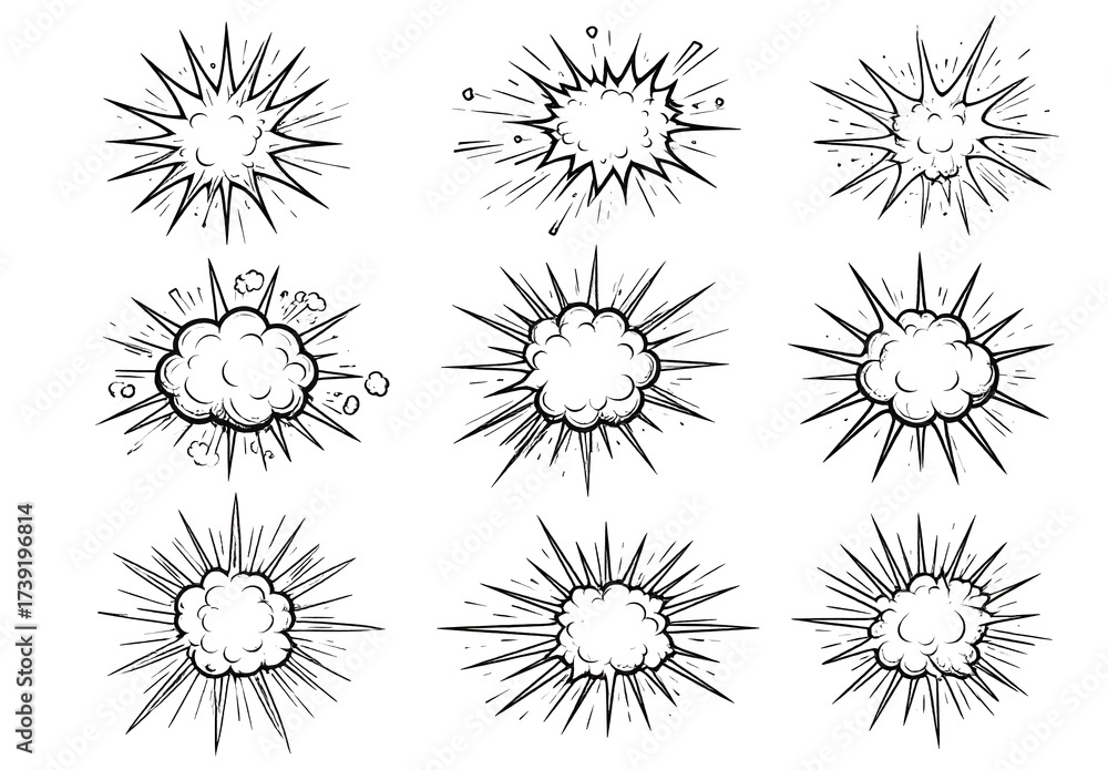 Obraz premium Hand drawn comic effects set with boom bursts, bang splashes, pow doodle smoke, speed crash lines, cartoon action style, isolated background.