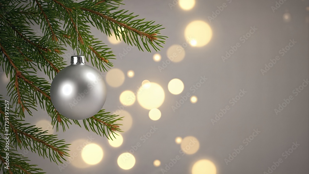 Fototapeta premium Silver Christmas Ball Hanging On Fir Tree Branch. Blurred Lights Background In Neutral Holiday Scene