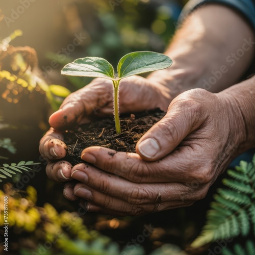 Closeup of hands gently holding a small plant seedling with green leaves, surrounded by soil and ferns, symbolizing growth and environmental care