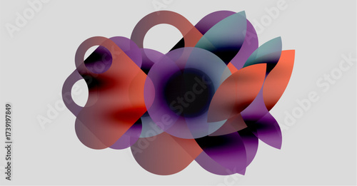 Abstract composition. Overlapping translucent circles create floral, organic forms. Colors blendpurple, orange, blue. Minimalist design, modern aesthetic.