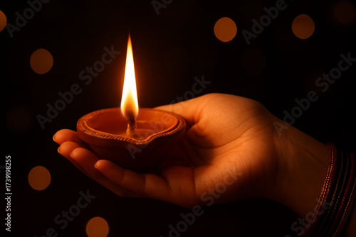Hand Holding Traditional Clay Diya Lamp with Burning Flame on Dark Bokeh Background – Symbol of Diwali, Indian Festival, Hope and Light
