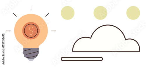 Glowing light bulb with dollar sign beside a stylized cloud and circles. Ideal for innovation, finance, technology, cloud storage, investment, creativity, online solutions. Simple flat metaphor