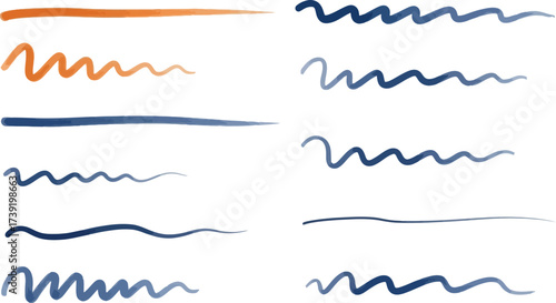 Artistic brush strokes in orange and blue hues create a dynamic set of decorative elements for graphic design projects.