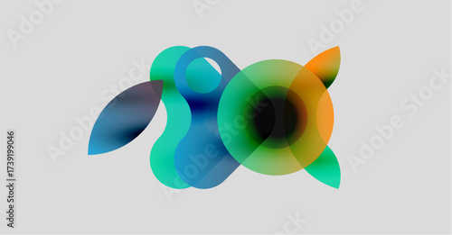 Abstract colorful shapes overlap, creating fluid forms. Gradient hues blend, suggesting movement, energy, modern design. Light background enhances vibrancy.