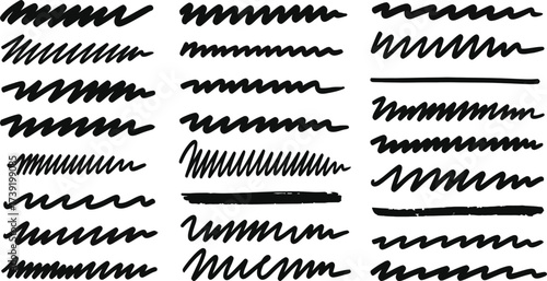 Collection of black scribble lines, hand drawn with marker, perfect for adding a touch of artistic flair to any design project.