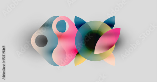 Abstract composition featuring overlapping translucent circles. Colors include pink, blue, gray, yellow. Soft gradients create blurred effect.