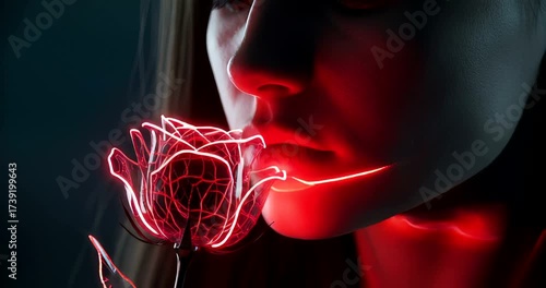 A woman gazing at a glowing red rose, illuminated against a dark background