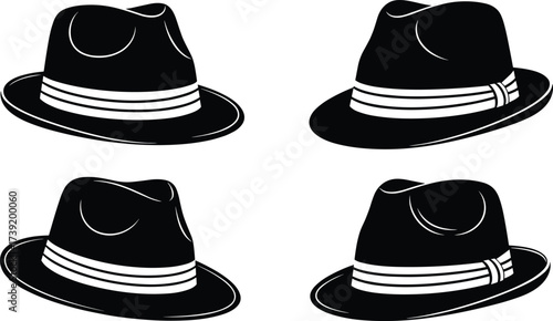 Black fedora hat set, white band variations, fashion accessory, stylish headwear, vector illustration, minimal design, classic style, hat comparison