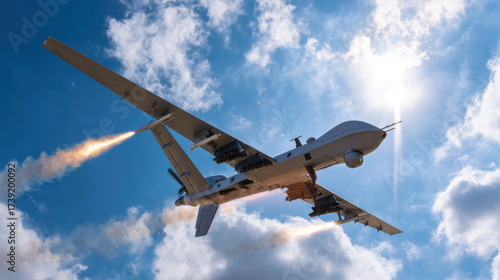 Combat drone demonstrates precision and power while firing flares under a vibrant blue sky during military training exercise