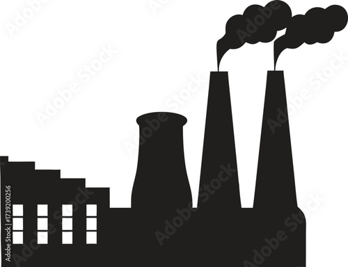 Black Factory Silhouette Icon – Industrial Building with Smoke Stacks Vector Illustration