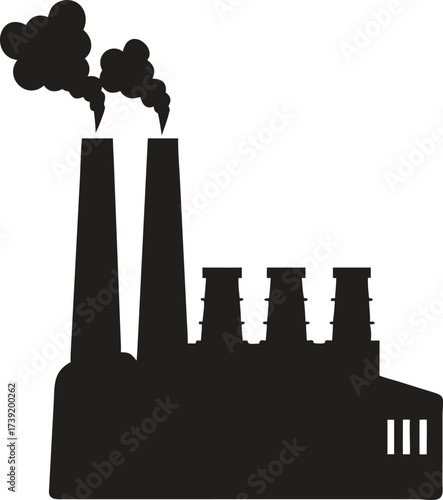 Black Factory Silhouette Icon – Industrial Building with Smoke Stacks Vector Illustration
