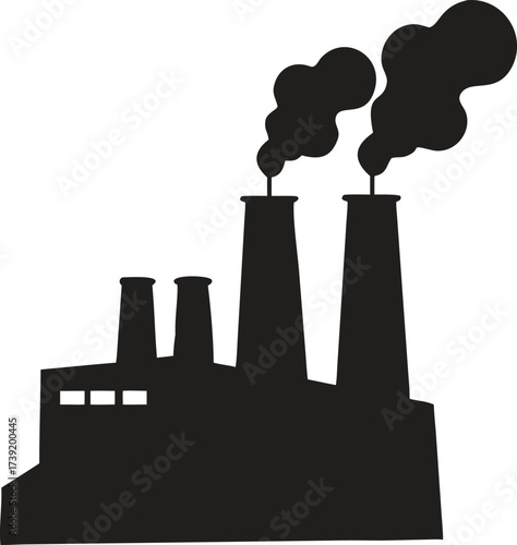 Black Factory Silhouette Icon – Industrial Building with Smoke Stacks Vector Illustration