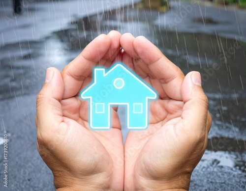 Home Protection: A pair of hands cradles a luminous house symbol amidst a rain shower, evoking security and shelter. A symbolic representation of protection, insurance and homeownership.