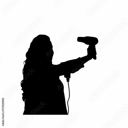 Silhouette of a woman drying her hair with a hairdryer isolated on white background