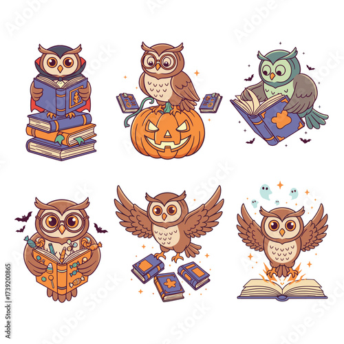 Retro Halloween Owl SVG Vector Set  Vintage Spooky Book and Magic Illustrations  Vampire Owl, Ghostly Spellbooks, Flying Bats and Haunted Candy Clipart for T-Shirt and Print Designs