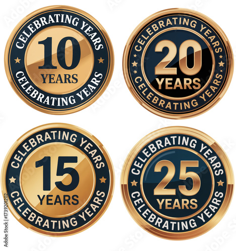 Collection of four circular golden badges celebrating 10, 15, 20, and 25 years, isolated on transparent background