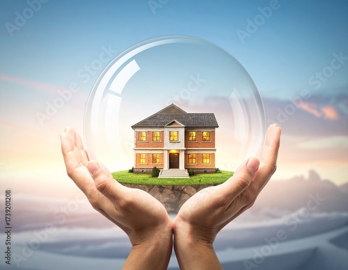 Protecting Your Dream Home: A symbolic representation of safety and security, this conceptual image portrays a miniature house encased within a protective bubble, cradled by two hands.