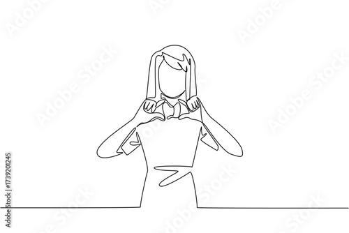 Continuous one line drawing a woman in casual clothes holds a thyroid gland mockup with both hands. Signs of an unhealthy thyroid gland. World Thyroid Day. Single line draw design vector illustration