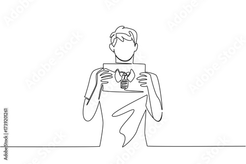 Continuous one line drawing a man in casual clothes holds a paper with a mockup of a thyroid gland with both hands. Therapy. Sickness. World Thyroid Day. Single line draw design vector illustration
