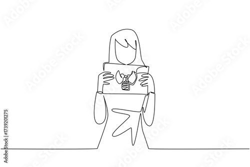 Single one line drawing a woman in casual clothes holds a paper with a mockup of a thyroid gland with both hands. Disease. Treatment. World Thyroid Day. Continuous line design graphic illustration