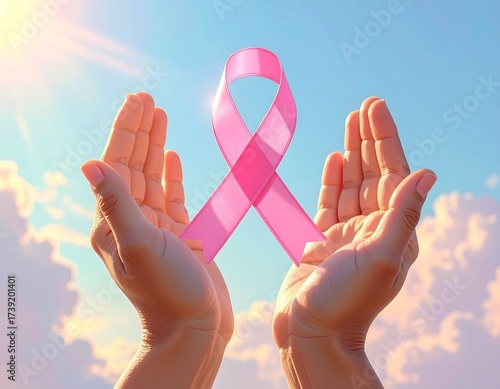 Hands of Hope: Two hands cradle a pink ribbon symbolizing breast cancer awareness against a bright, optimistic sky, representing hope, support, and the fight against disease.