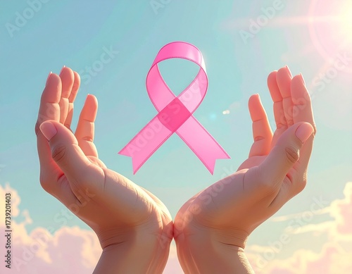 Supporting Hope: Two hands cradle a pink ribbon of solidarity and remembrance against a soft blue sky.  A gesture of care and commitment. 