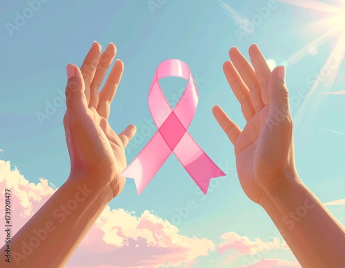 Pink Ribbon Hope: Two hands gently cradle a delicate pink ribbon against a vibrant sky backdrop, symbolizing support and hope for breast cancer awareness and a fight against the devastating disease. 