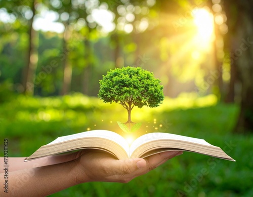 Emerging World: A luminous tree flourishing from an open book, representing the convergence of knowledge, nature, and environmental awareness, symbolizing growth and discovery.