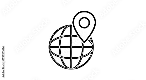 A minimalist black and white line drawing of a globe with a location pin marking a spot on its surface.