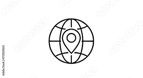Globe icon with a location pin marking a specific point on the world, depicted in a simple black and white line drawing.