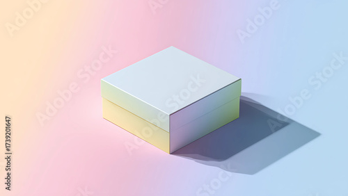 
Rigid box packaging mockup, isometric angle, placed on smooth pastel background, subtle shadows and emboss detail, 300 dpi