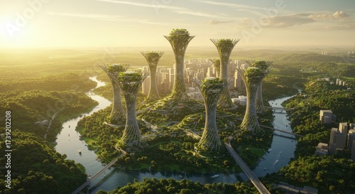 Aerial view of sustainable city with green architecture.