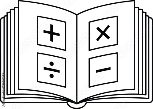 Open math book icon, black silhouette vector, arithmetic symbols illustration, educational material design, minimal style, school learning graphic