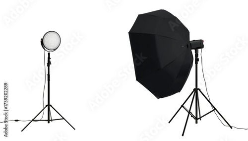 Two pieces of photography lighting equipment, a circular LED panel and a PNG black umbrella softbox, on black background