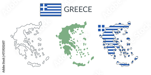 Greece country geographical borders isolated on white background. Flag of Greece. Vector flat cliparts.