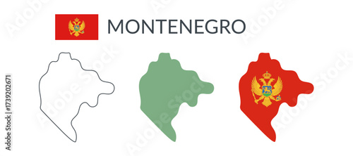 Montenegro country geographical borders isolated on white background. Flag of Montenegro. Vector flat cliparts.