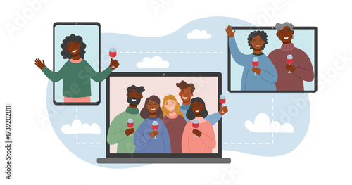 Concept of online Christmas celebration. Screens of devices with people connecting with each other. Online call. Online communication. Vector flat cliparts.