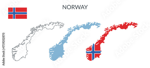 Norway country geographical borders isolated on white background. Norway flag. Vector flat cliparts.