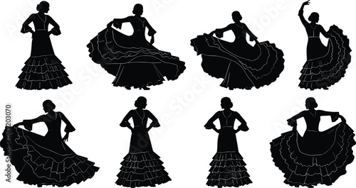 Traditional flamenco dancer silhouette set, black vector icons, cultural dance poses, ruffled dress movement, minimal style, expressive illustration