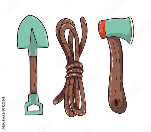 Set of Camp Equipment Axe, Shovel and Rope Cartoon Style
