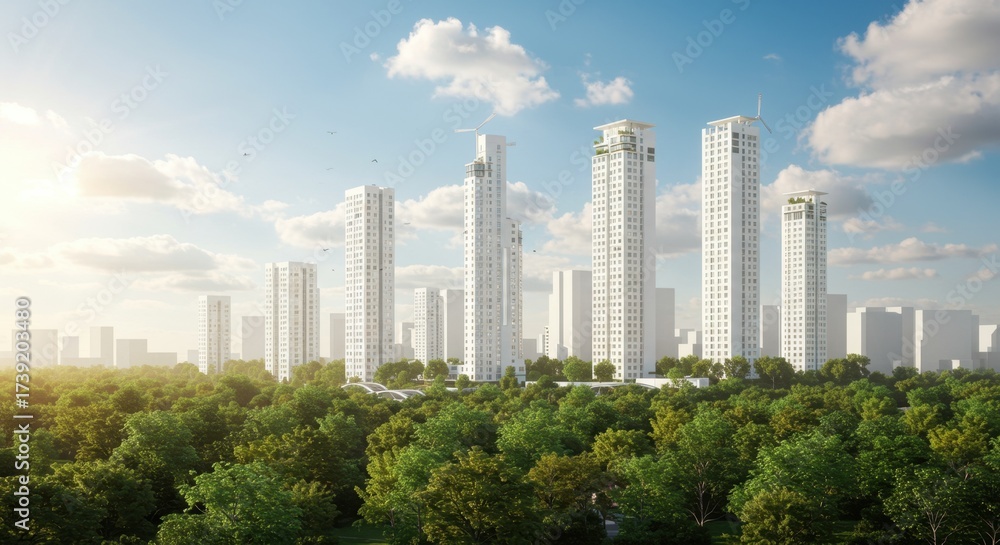 Fototapeta premium Modern city skyline with white buildings and green treetops.